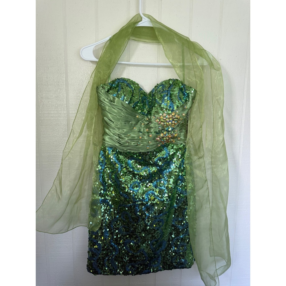 Eureka Green Sequin Ruched Satin Prom Mini Dress with Shawl 2333 Mens Womens XS
